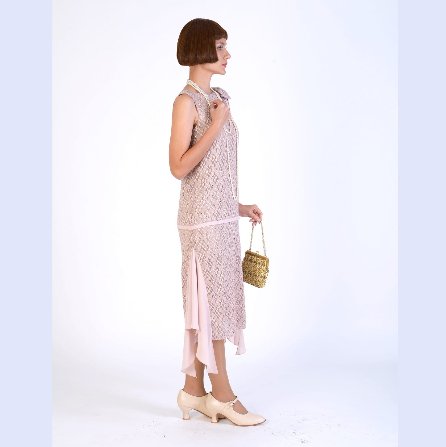 CLEARANCE: Roaring 20s Formal Evening Wear in Nude Color and Shimmer Lace