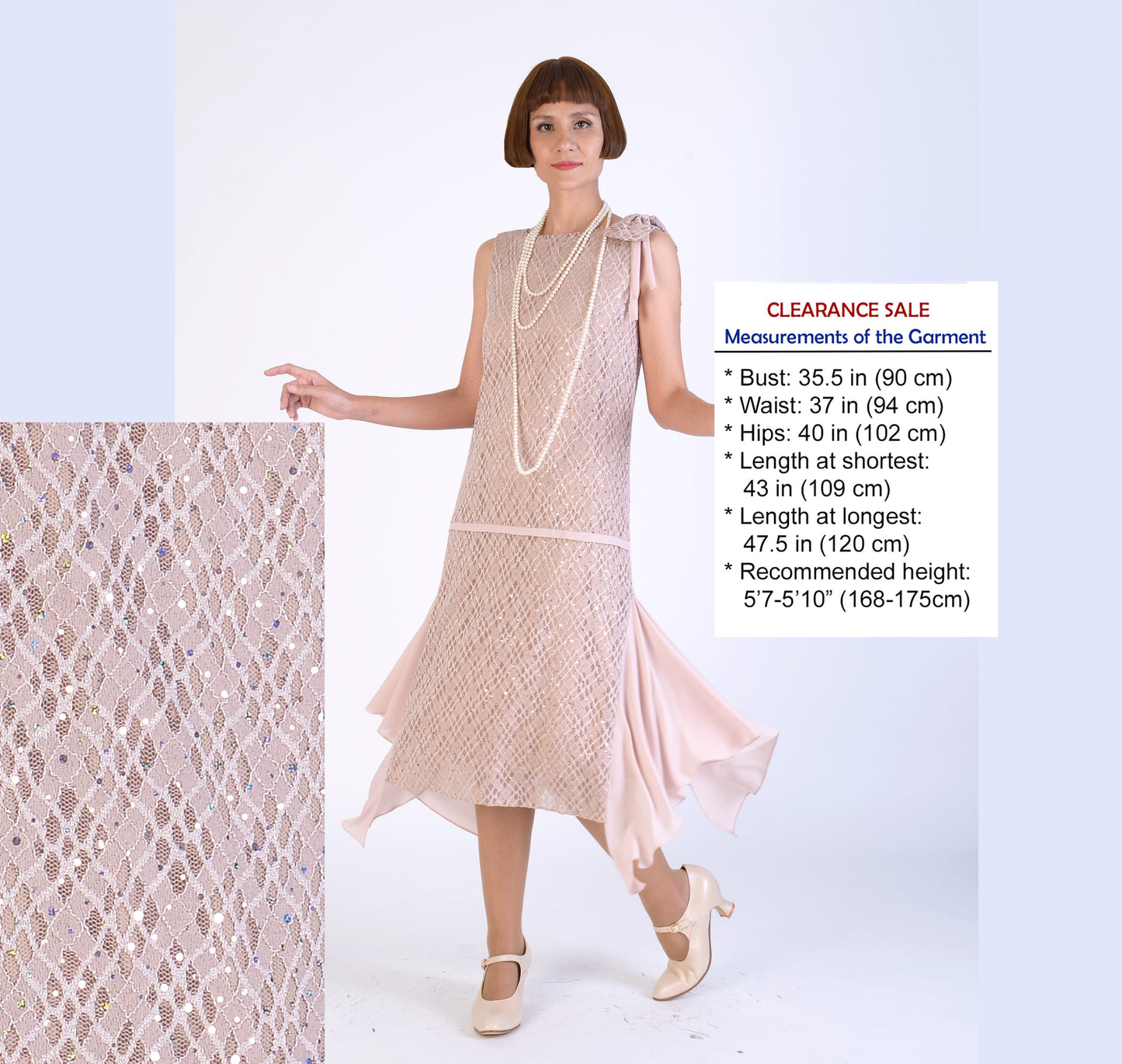 CLEARANCE: Roaring 20s Formal Evening Wear in Nude Color and Shimmer Lace