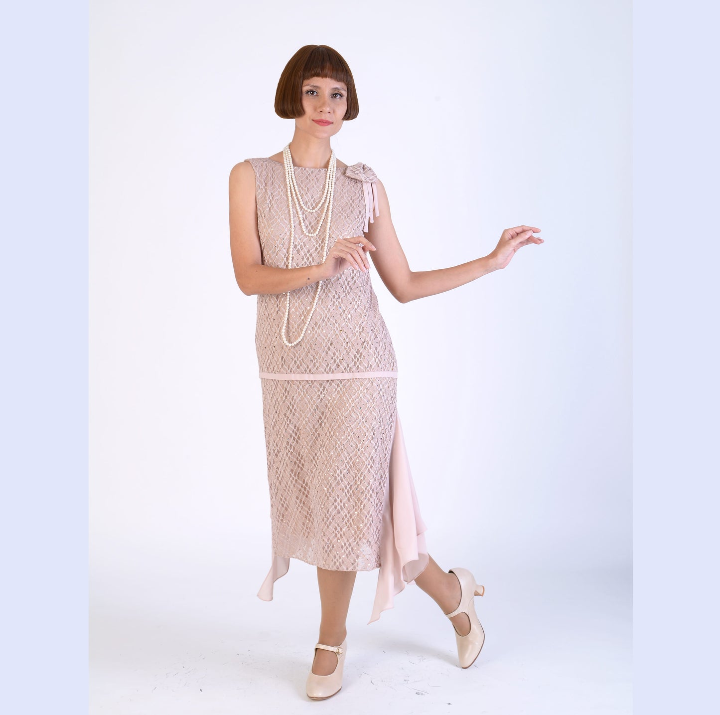 CLEARANCE: Roaring 20s Formal Evening Wear in Nude Color and Shimmer Lace