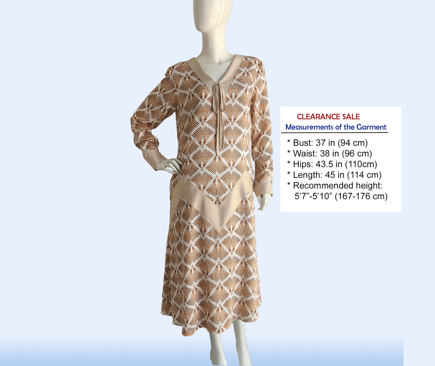 CLEARANCE: 1920s dress in Brown Feather Print Rayon Blend and zigzag detail