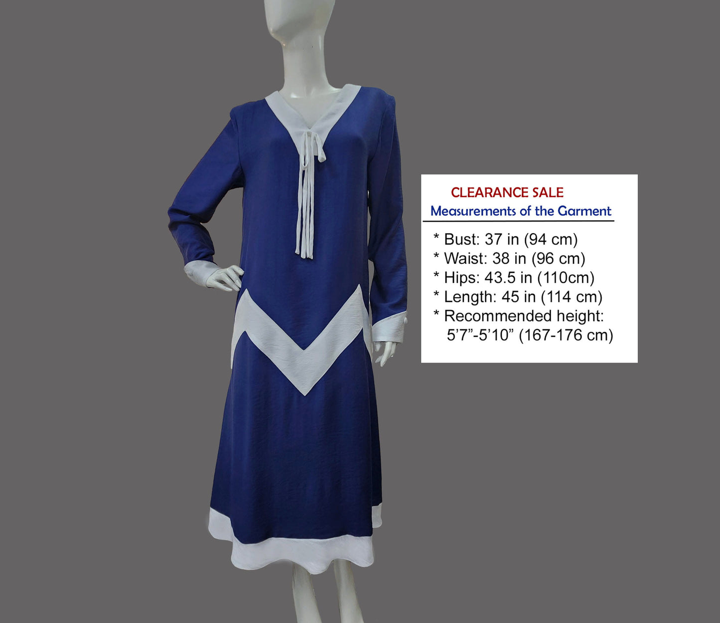 CLEARANCE: Art Deco dress in dark blue rayon blend with white zig zag detail