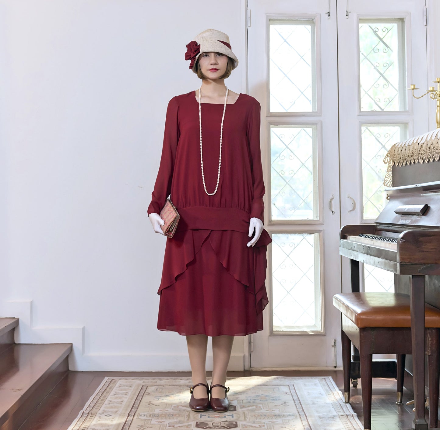 Maroon red 2-piece chiffon 1920s dress with long sleeves