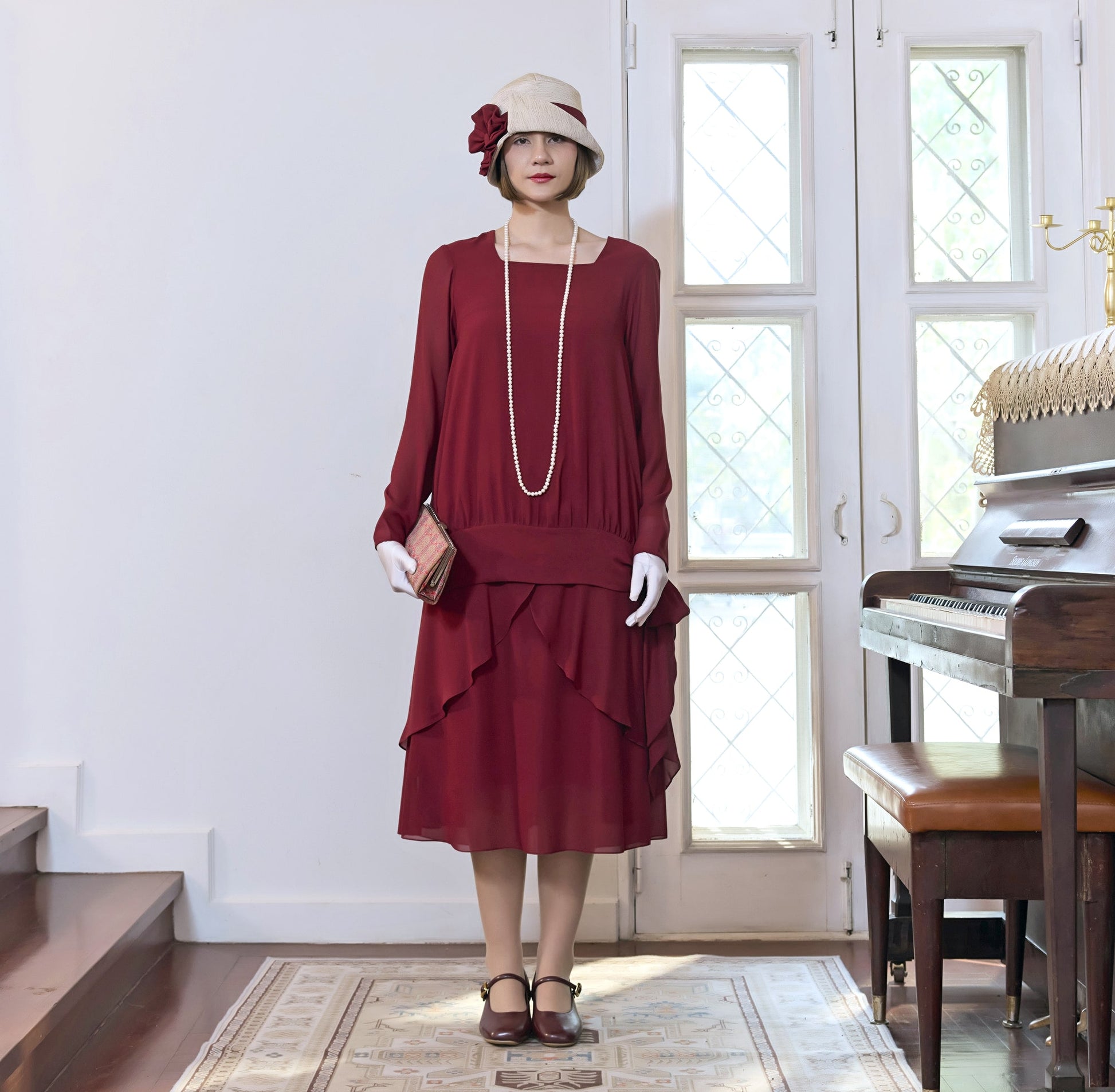 Maroon red 2-piece chiffon 1920s dress with long sleeves Maroon red 2-piece chiffon 1920s dress with long sleeves