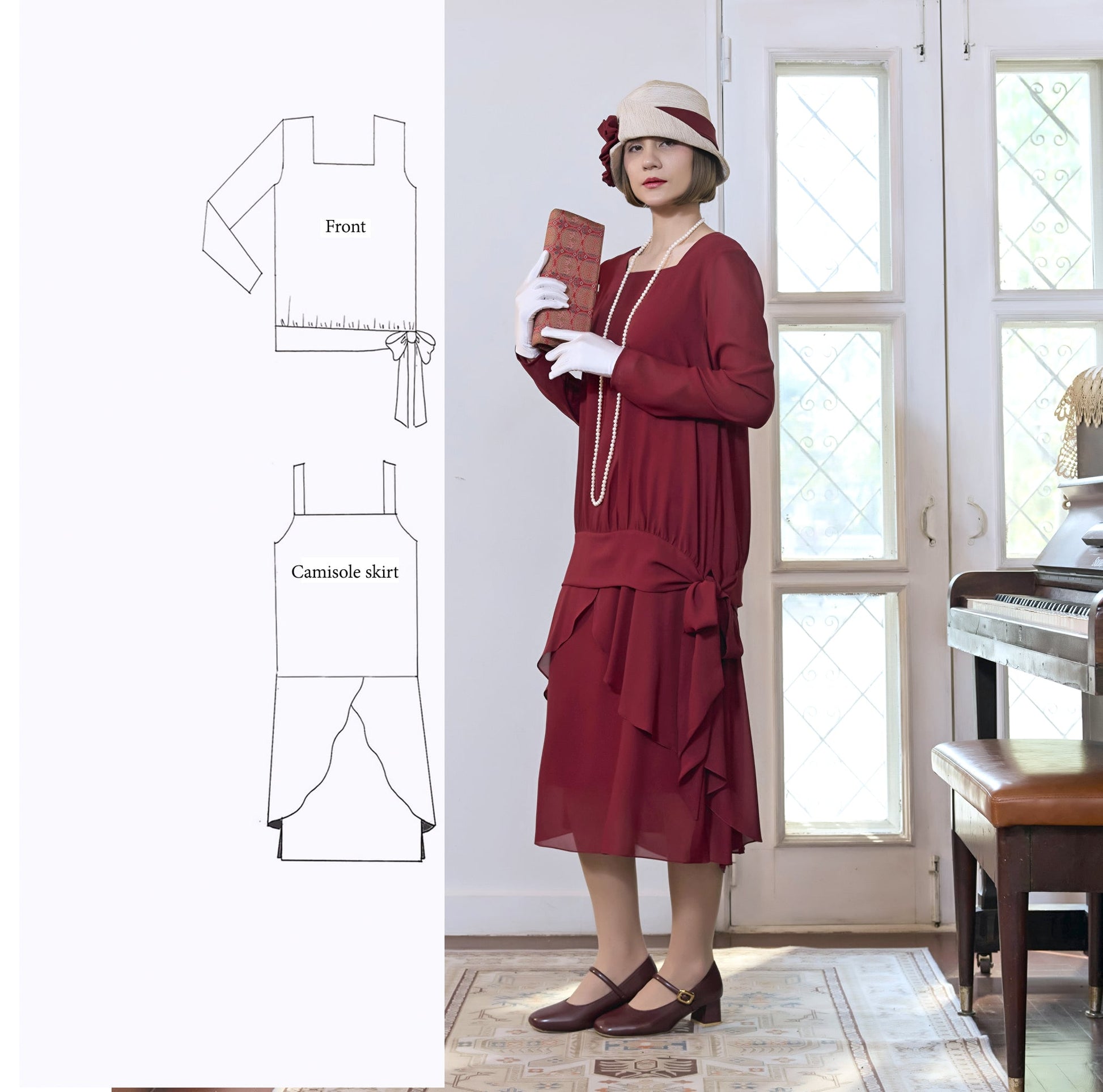 Maroon red 2-piece chiffon 1920s dress with long sleeves - a 1920s-inspired vintage dress