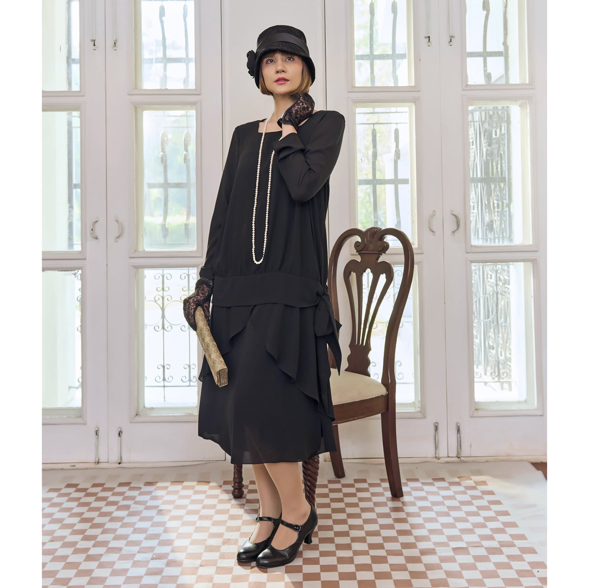 1920s style two-piece dress made of black chiffon with long sleeves LaVieDelight 1920s style two-piece dress made of black chiffon with long sleeves LaVieDelight