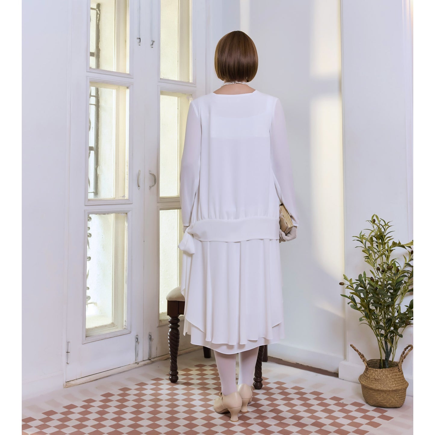 2-piece chiffon Great Gatsby tea dress in off-white with long sleeves