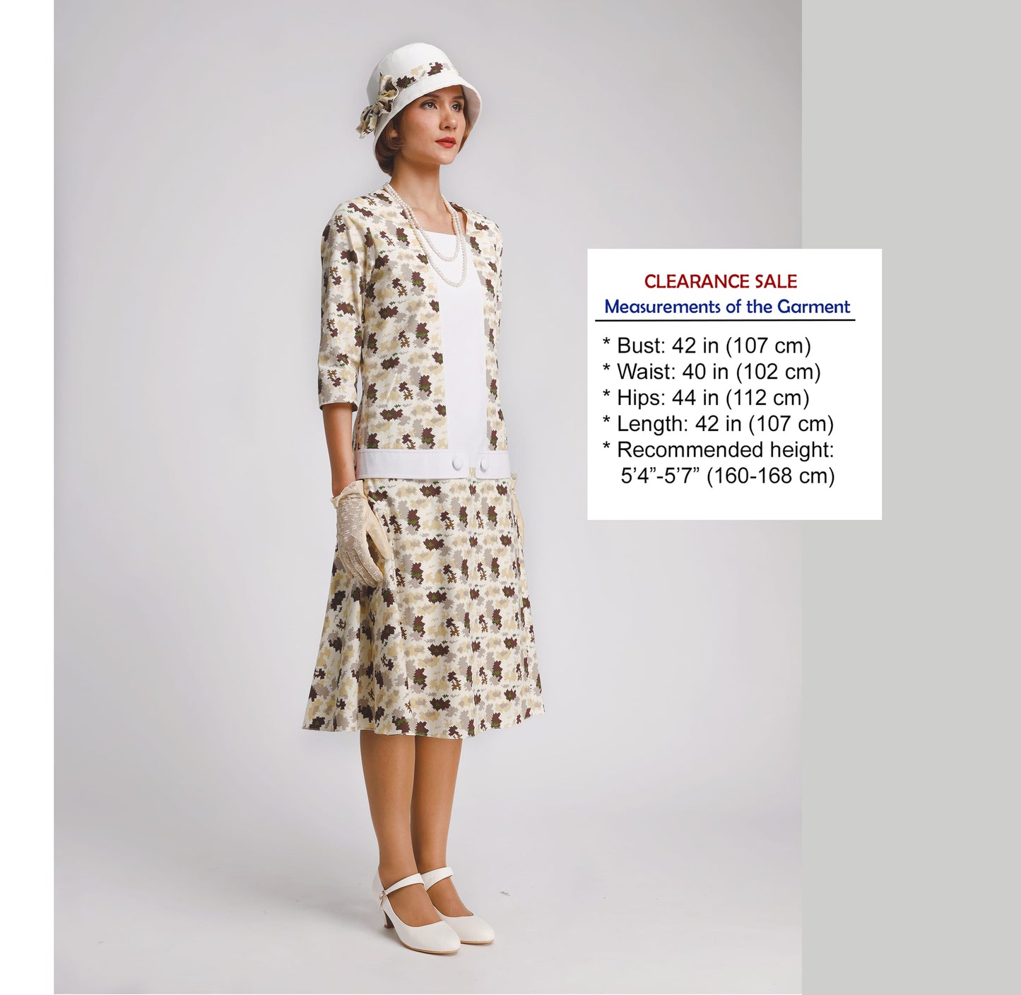 CLEARANCE: Cotton 1920s day dress in light brown print and white details