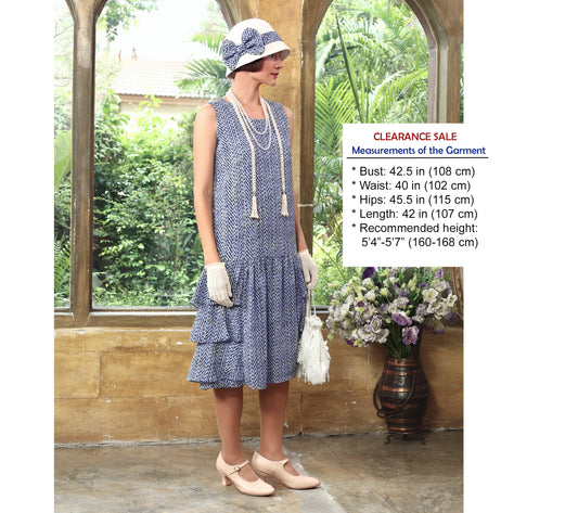 CLEARANCE: Great Gatsby party dress with tiered skirt in printed blue chiffon