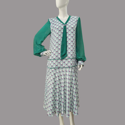 Green Medallion Art Deco Print Chiffon 1920s Dress