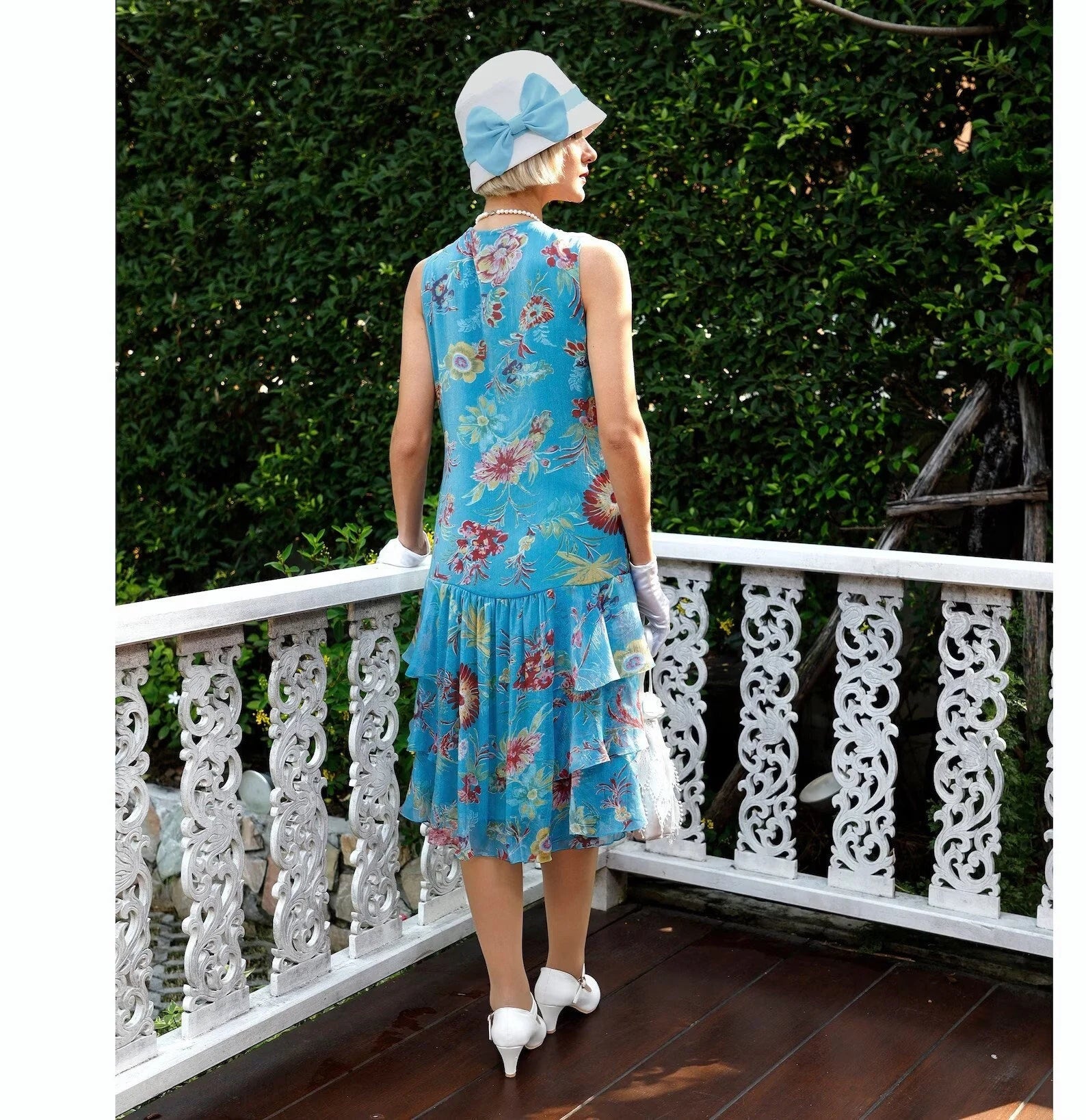 Deep sky blue Great Gatsby silk chiffon dress with tiered skirt - a 1920s-inspired roaring 20s dress