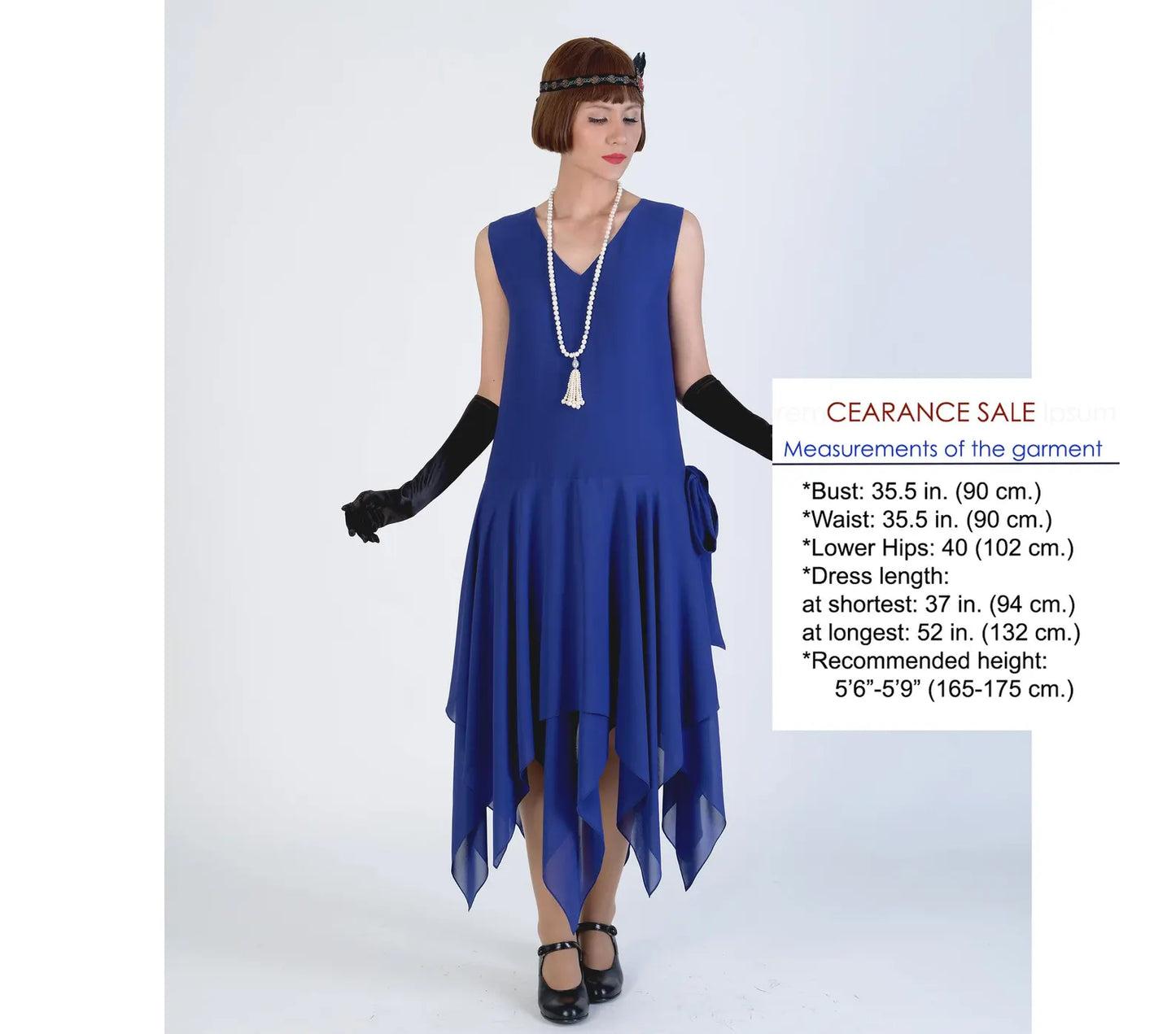 CLEARANCE: Roaring 20s formal dress in dark blue chiffon with handkerchief hem