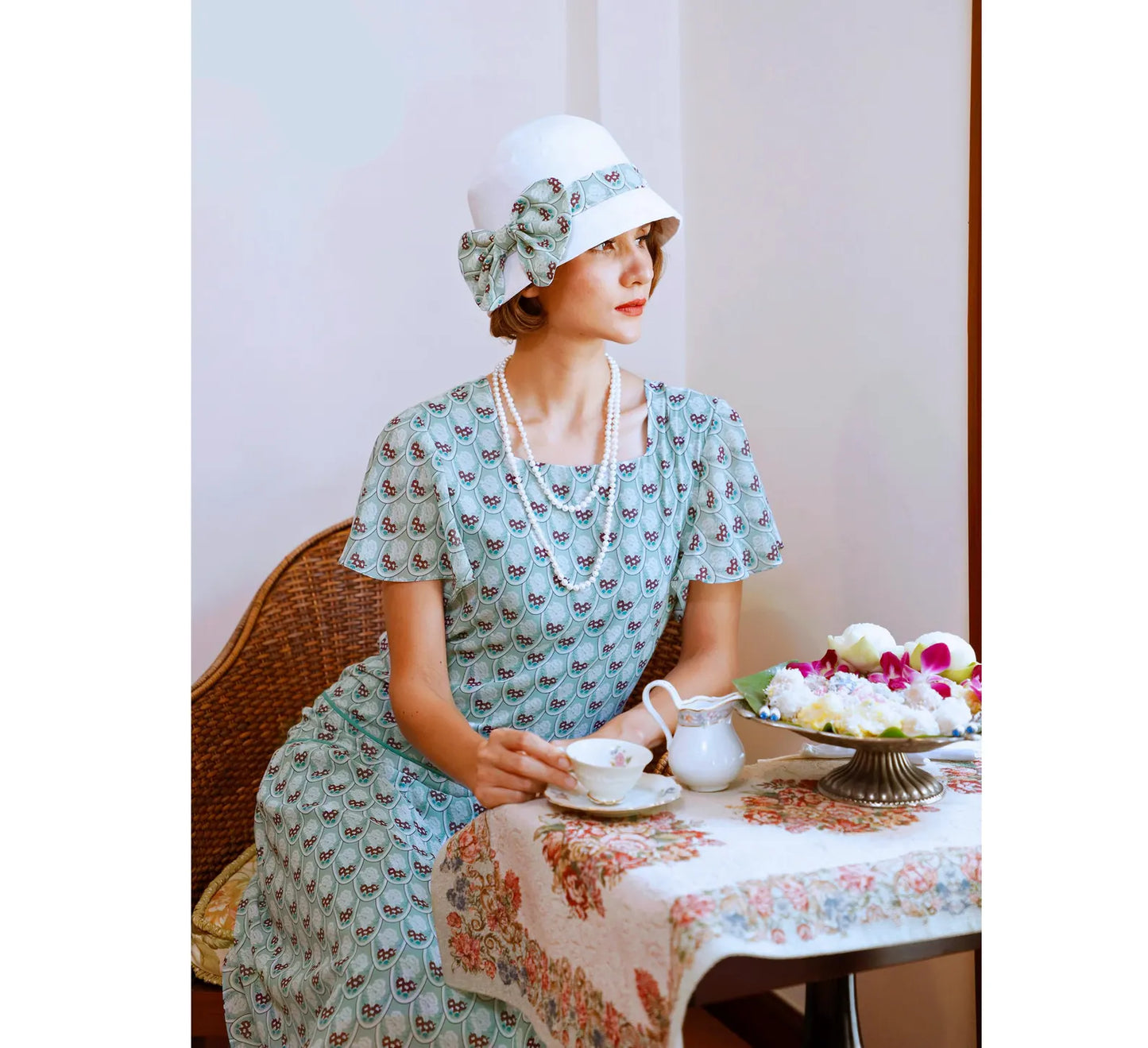 CLEARANCE: 1920s Dress in Light Green Art Deco Print and Flutter Sleeves
