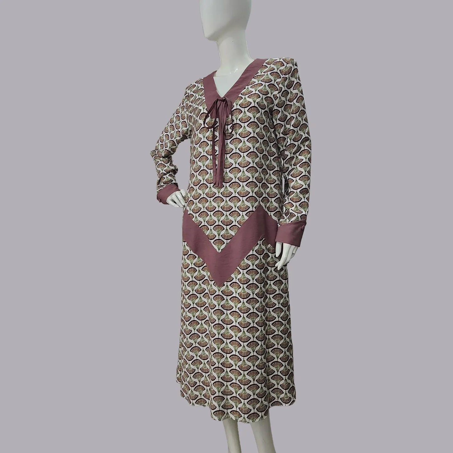 CLEARANCE: 1920s style dress in dark brown print and mauve zig zag details