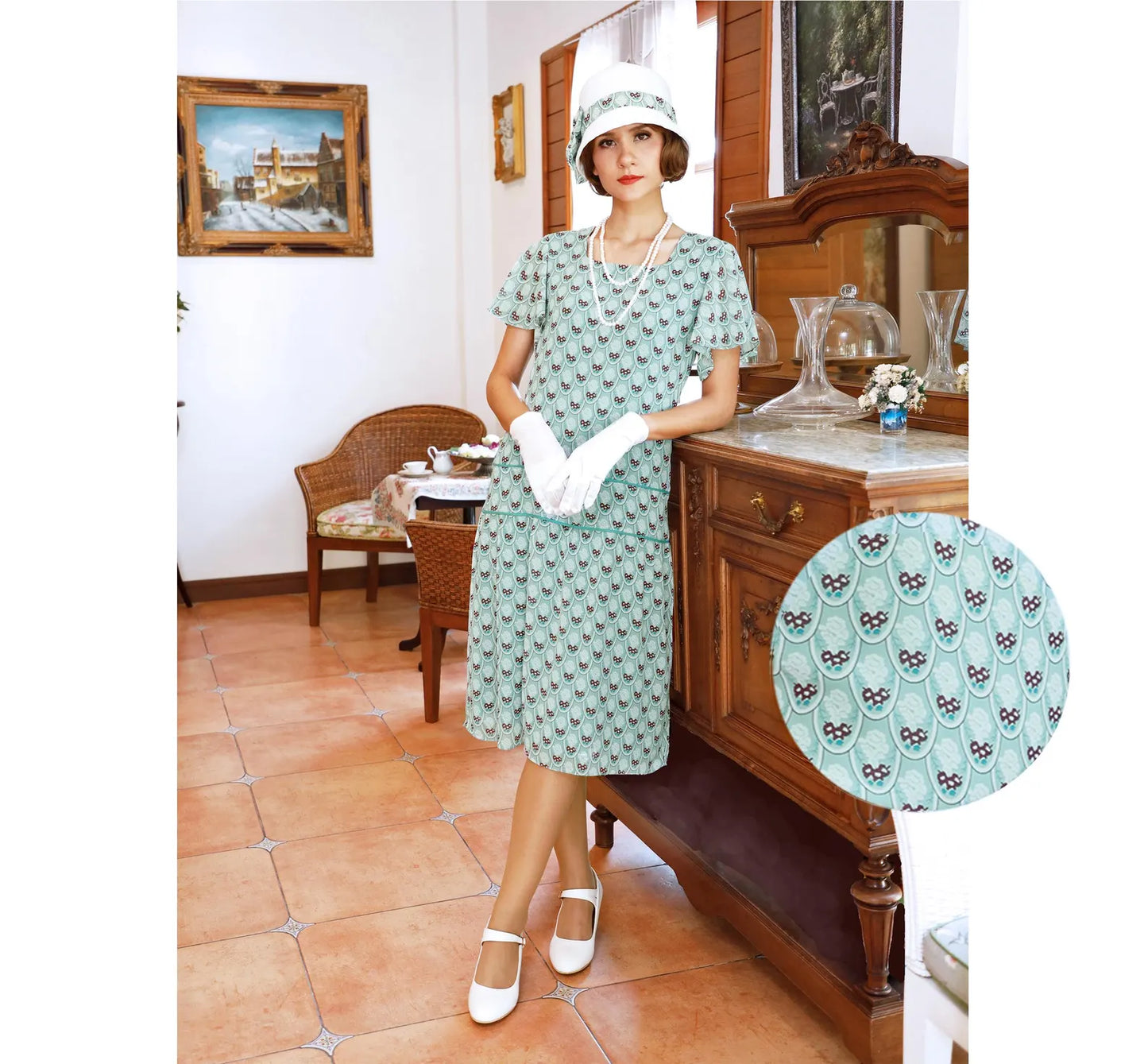 CLEARANCE: 1920s Dress in Light Green Art Deco Print and Flutter Sleeves
