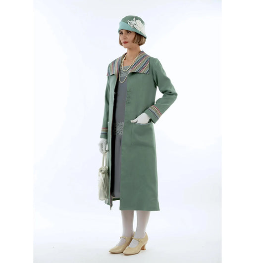 Muted green 1920s summer linen coat with striped plaid wing collar