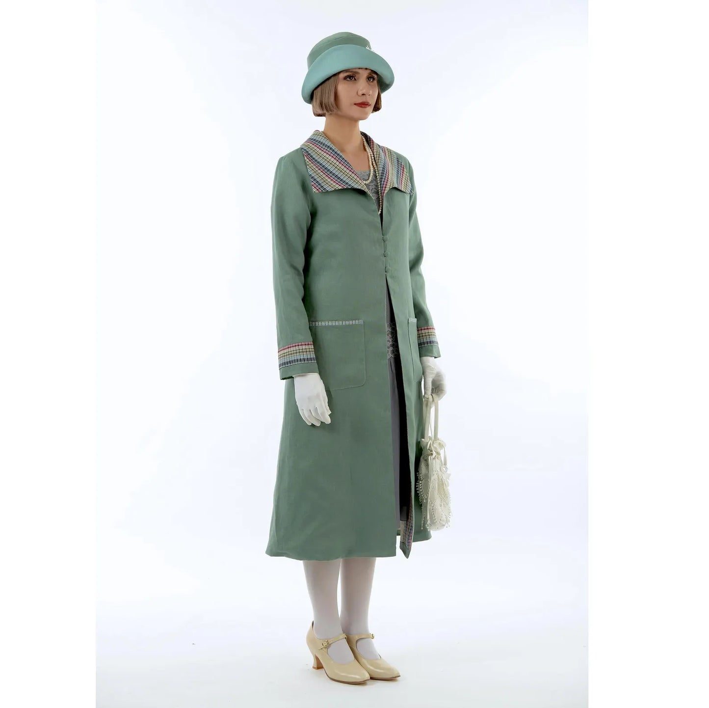 Muted green 1920s summer linen coat with striped plaid wing collar