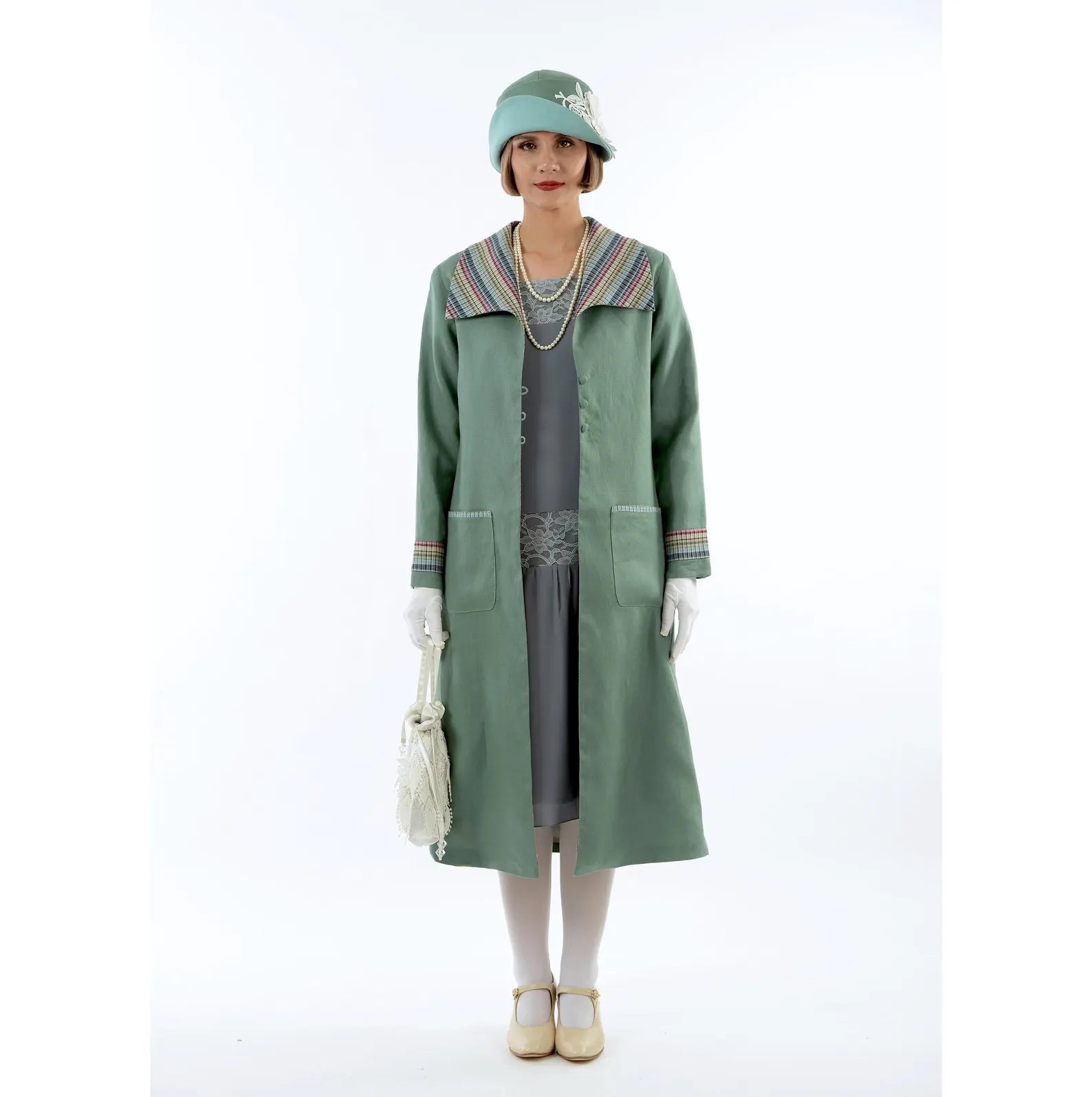 Muted green summer linen coat with striped plaid wing collar, a 1920s inspired coat