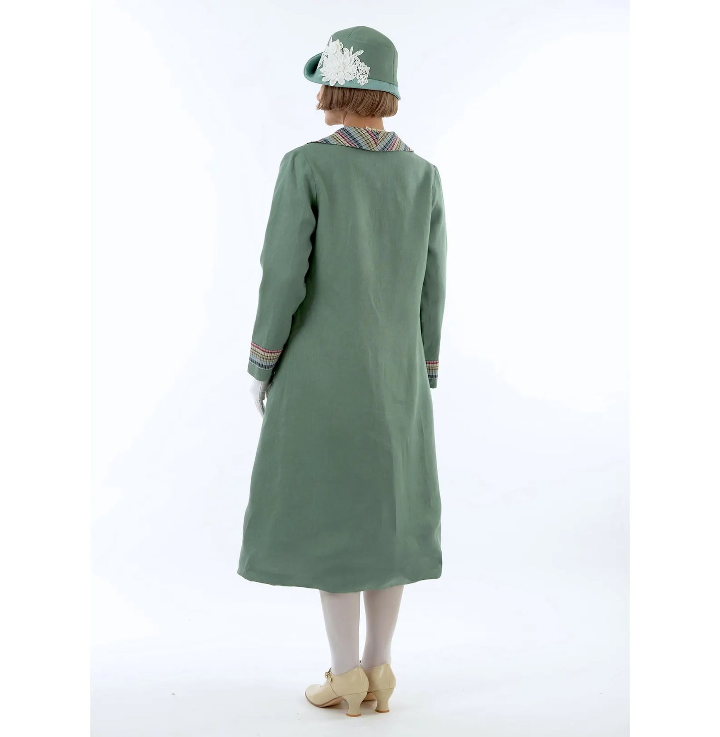 Muted green 1920s summer linen coat with striped plaid wing collar