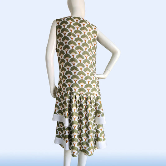 Rayon Gatsby dress with tiered skirt in green palm leaves print