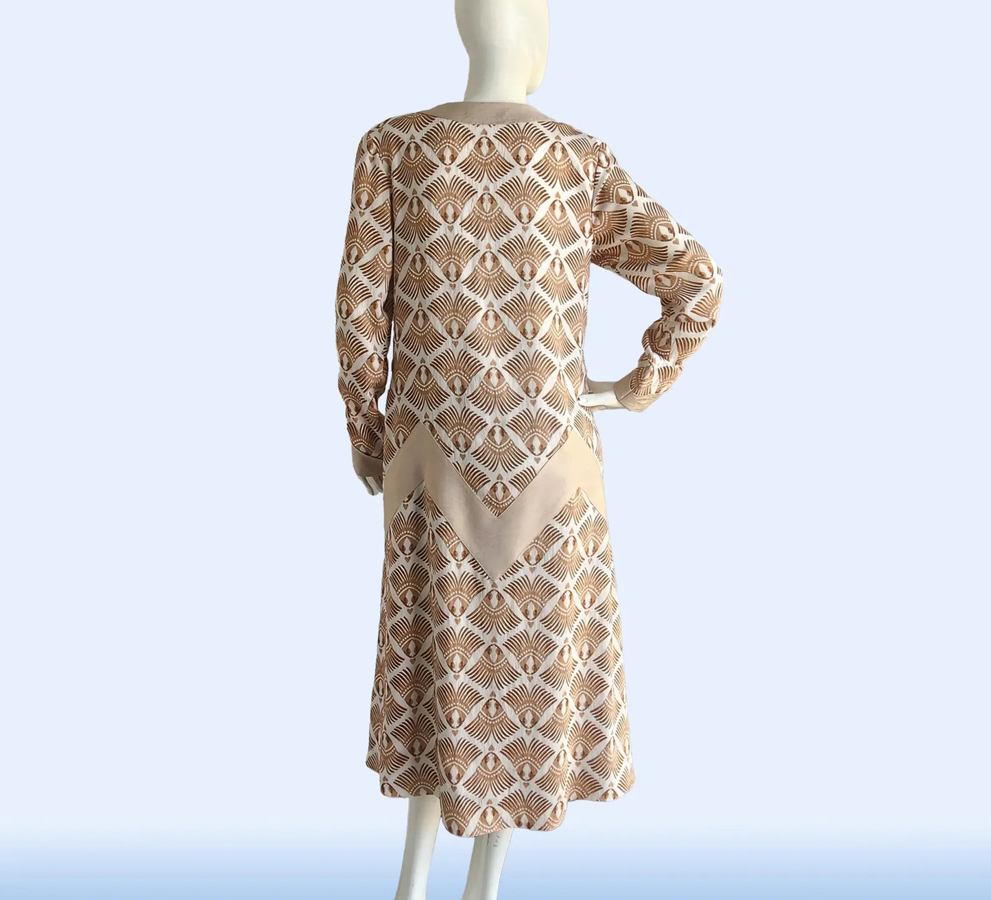 CLEARANCE: 1920s dress in Brown Feather Print Rayon Blend and zigzag detail