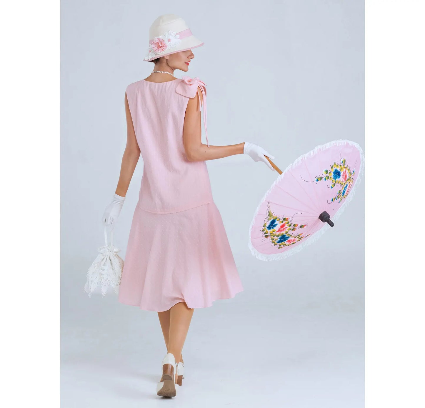 Downton Abbey dress of pale peach or pale pink cotton wth shoulder bow