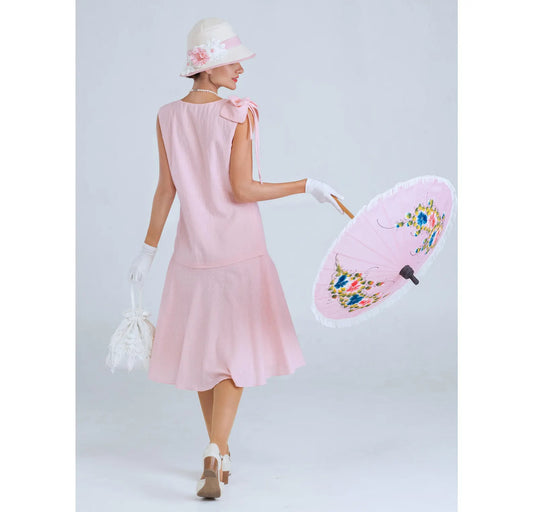Downton Abbey dress of pale peach or pale pink cotton wth shoulder bow