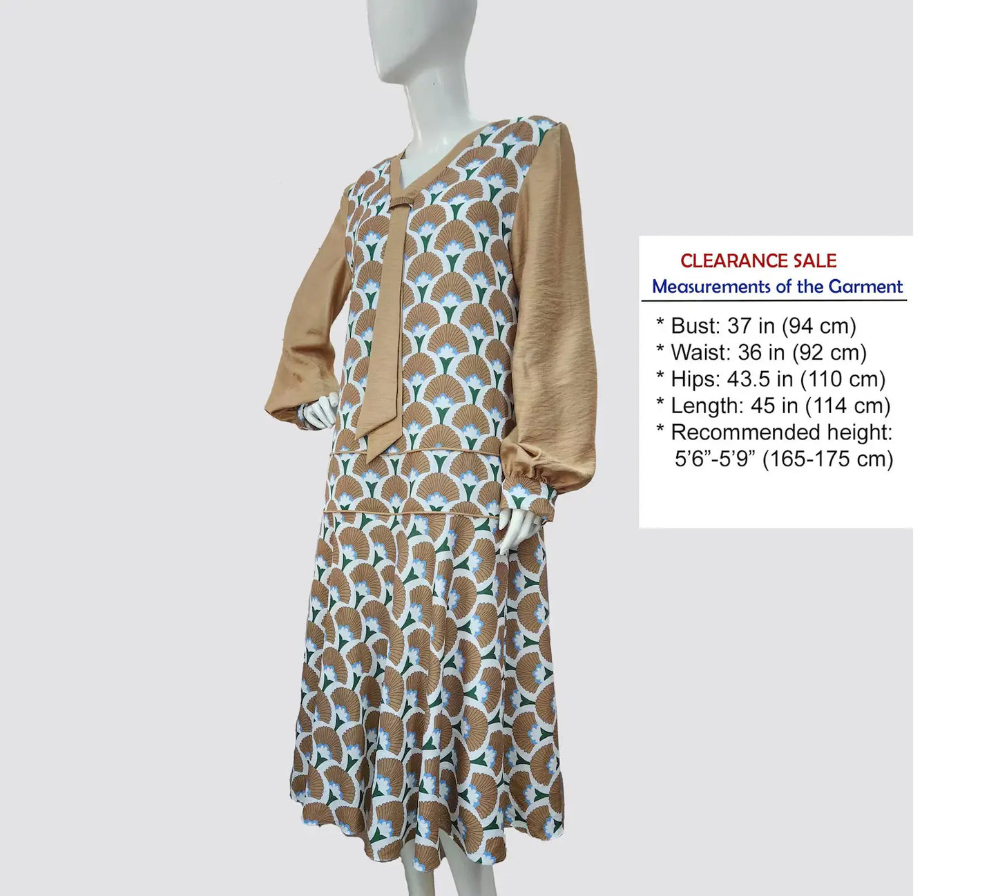 CLEARANCE: 1920s dress with a warm brown Art Deco palm leaf print