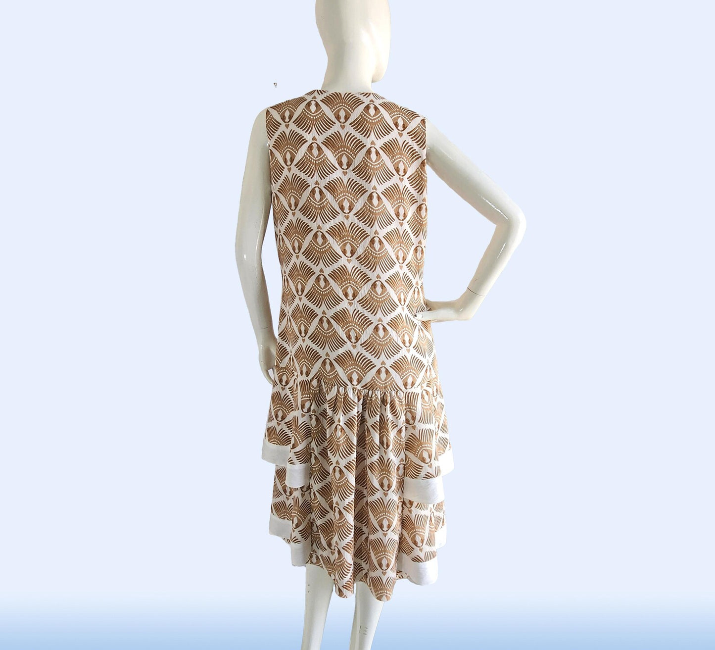 CLEARANCE: Sleeveless 1920s daywear in feather deco print and tiered skirt
