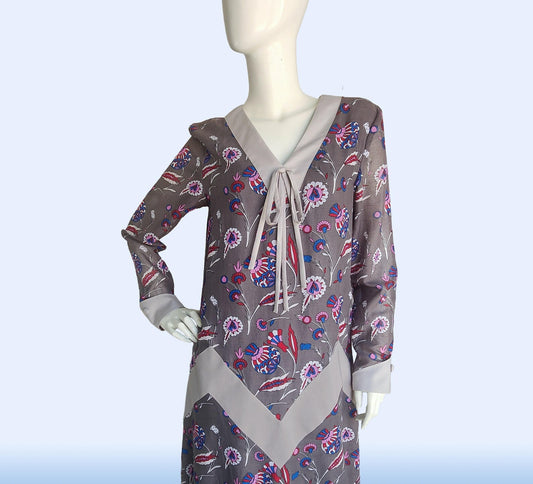 CLEARANCE: Printed grey cotton dress with zig zag details