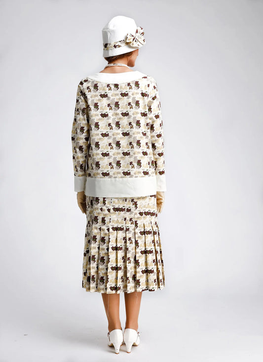 CLEARANCE: 2-piece Cotton 1920s Day Dress in Light Brown Print with Pleated Skirt