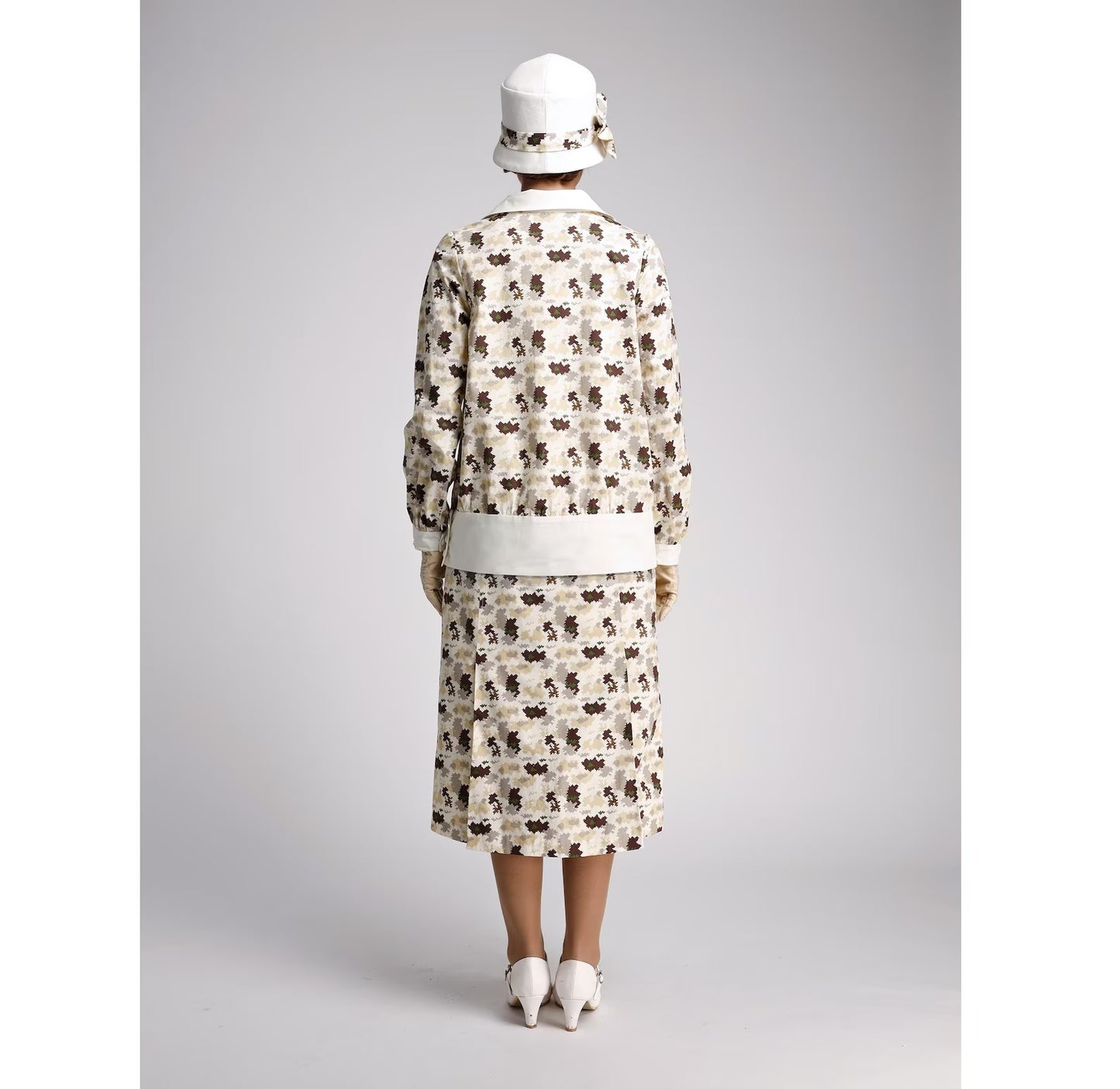 CLEARANCE: Cotton Print Gatsby Style 1920s 2-piece Dress with Long Sleeves