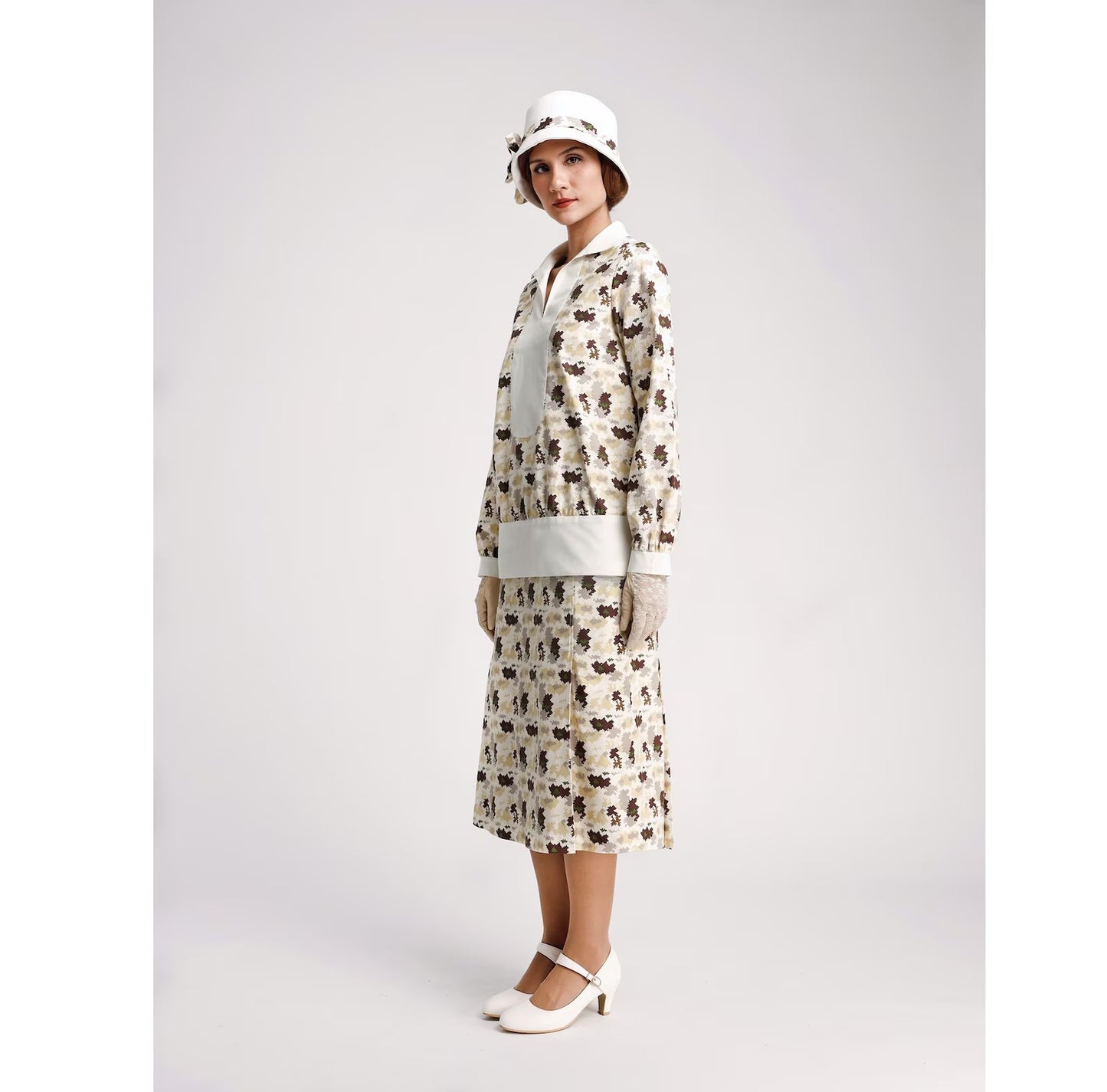 CLEARANCE: Cotton Print Gatsby Style 1920s 2-piece Dress with Long Sleeves