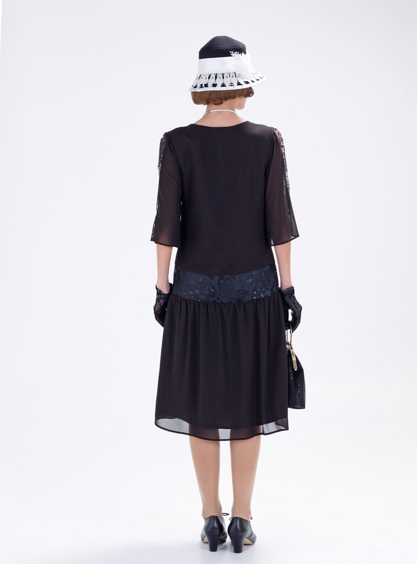 CLEARANCE: Gatsby Style Black Chiffon Lace 1920s Dress with Elbow Sleeves