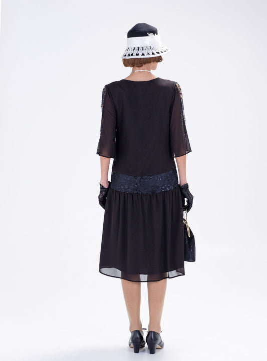 CLEARANCE: Gatsby Style Black Chiffon Lace 1920s Dress with Elbow Sleeves