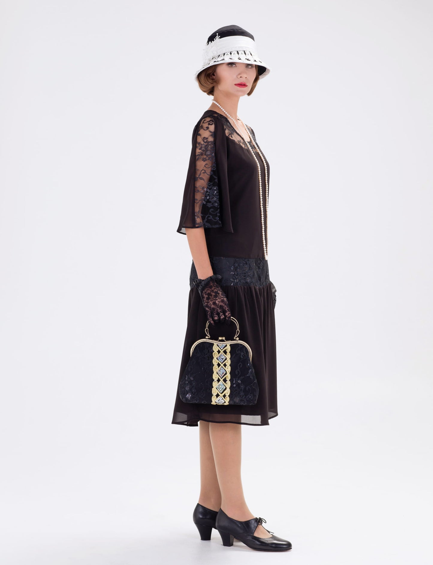 CLEARANCE: Gatsby Style Black Chiffon Lace 1920s Dress with Elbow Sleeves