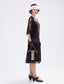 CLEARANCE: Gatsby Style Black Chiffon Lace 1920s Dress with Elbow Sleeves