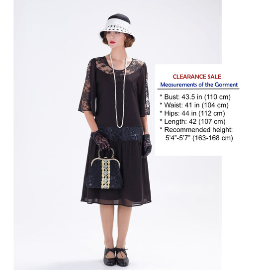 CLEARANCE: Gatsby Style Black Chiffon Lace 1920s Dress with Elbow Sleeves