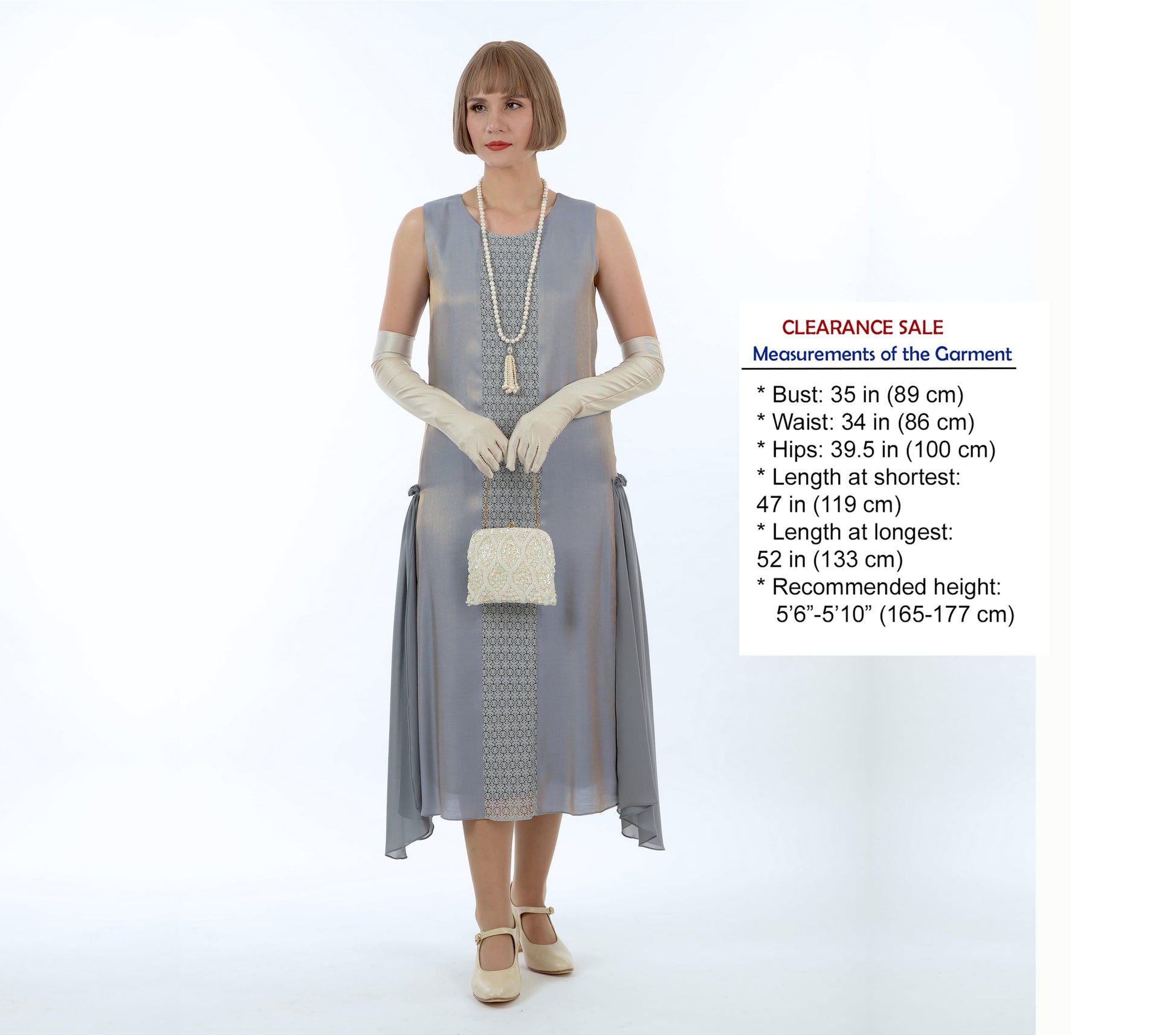 1920s formal dress in metallic grey with lace detail