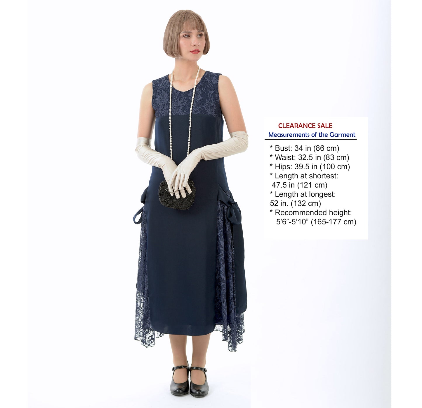 Dark blue 1920s-inspired satin and lace formal evening dress