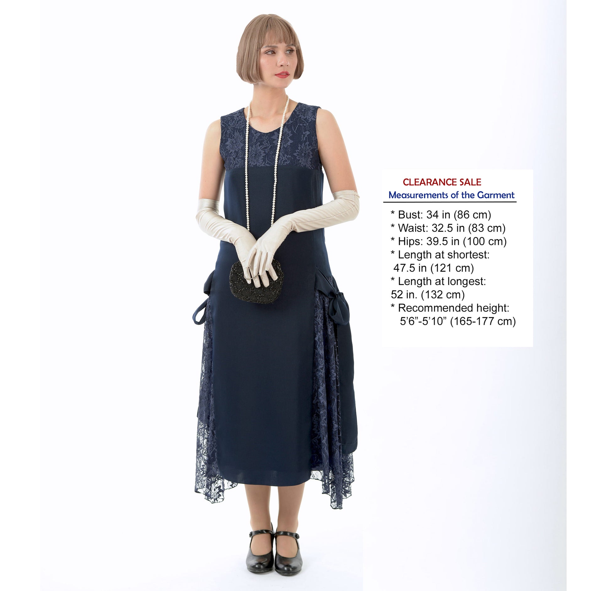 Dark blue 1920s-inspired satin and lace formal evening dress