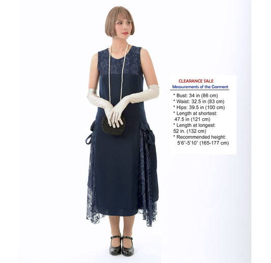 Dark blue 1920s-inspired satin and lace formal evening dress