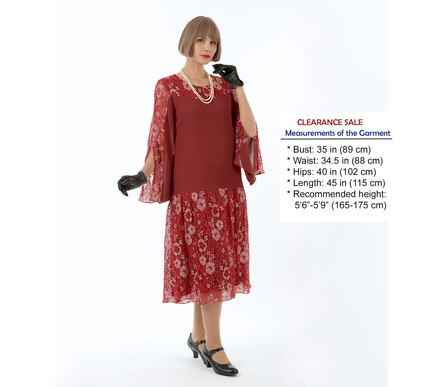 Maroon red chiffon and lace 1920s reproduction dress with slit sleeves