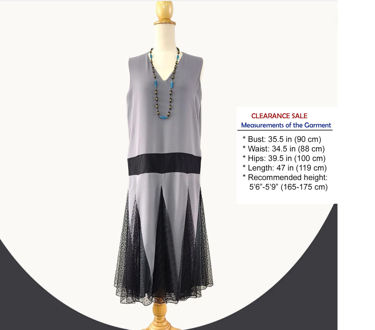 CLEARANCE: Grey chiffon flapper dress with black tulle skirt godets