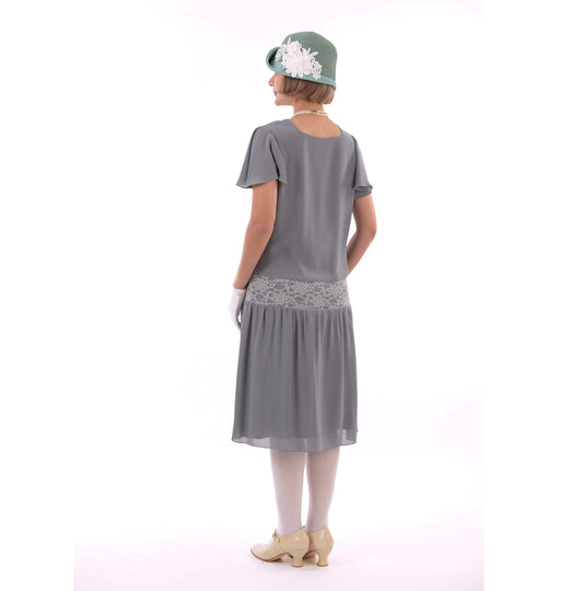 CLEARANCE: Day Tea Style Grey Chiffon Lace 1920s Dress with Flutter Sleeves