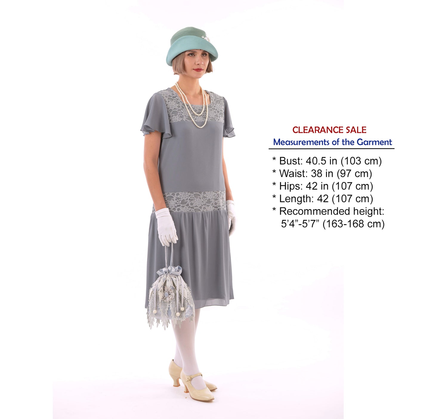CLEARANCE: Day Tea Style Grey Chiffon Lace 1920s Dress with Flutter Sleeves