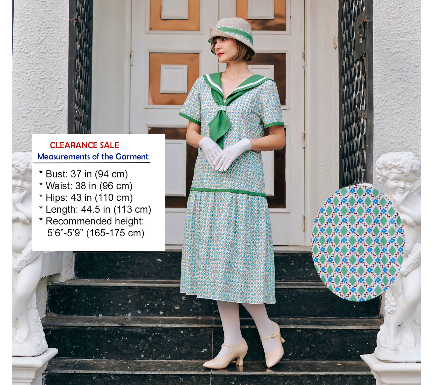 Printed green cotton 1920s dress with a sailor collar