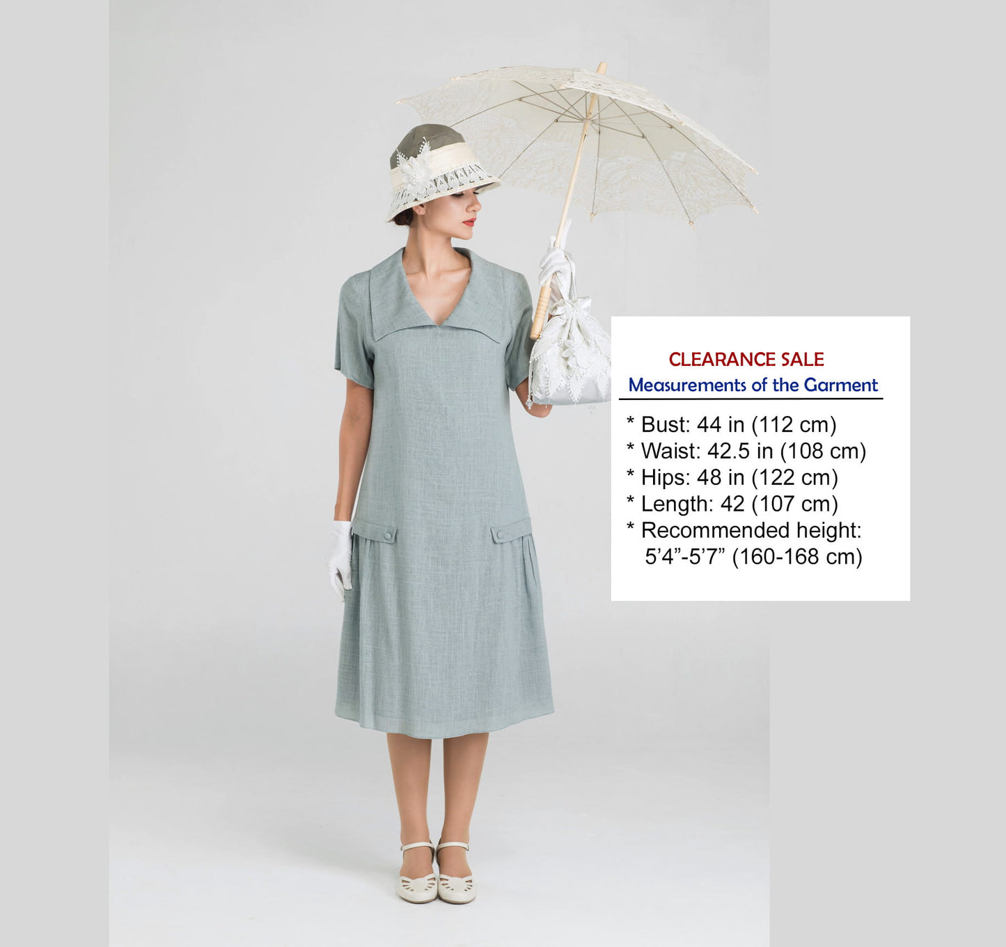CLEARANCE: High Tea Style 1920s Dress in Grey Linen and with Short Sleeves