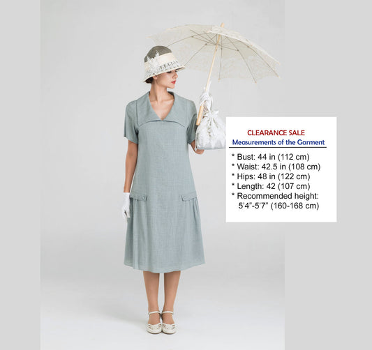 CLEARANCE: High Tea Style 1920s Dress in Grey Linen and with Short Sleeves