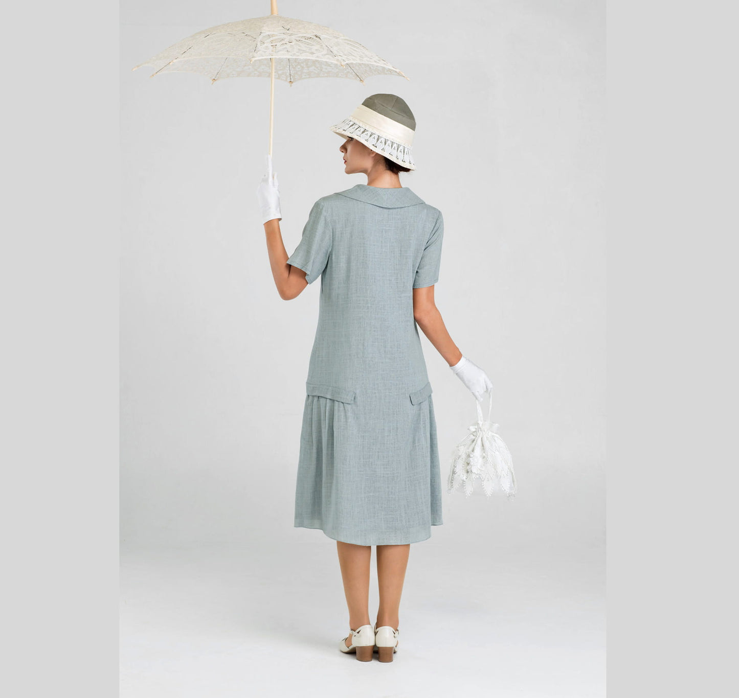 CLEARANCE: High Tea Style 1920s Dress in Grey Linen and with Short Sleeves