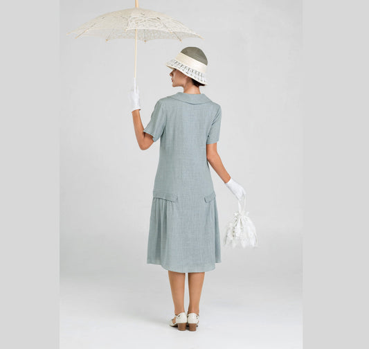 CLEARANCE: High Tea Style 1920s Dress in Grey Linen and with Short Sleeves